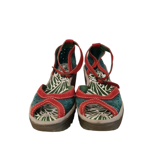 Fly London Ydel Sandals Petrol Red Perforated Leather Wedge Heel UK 4 Size 37 - Picture 3 of 14